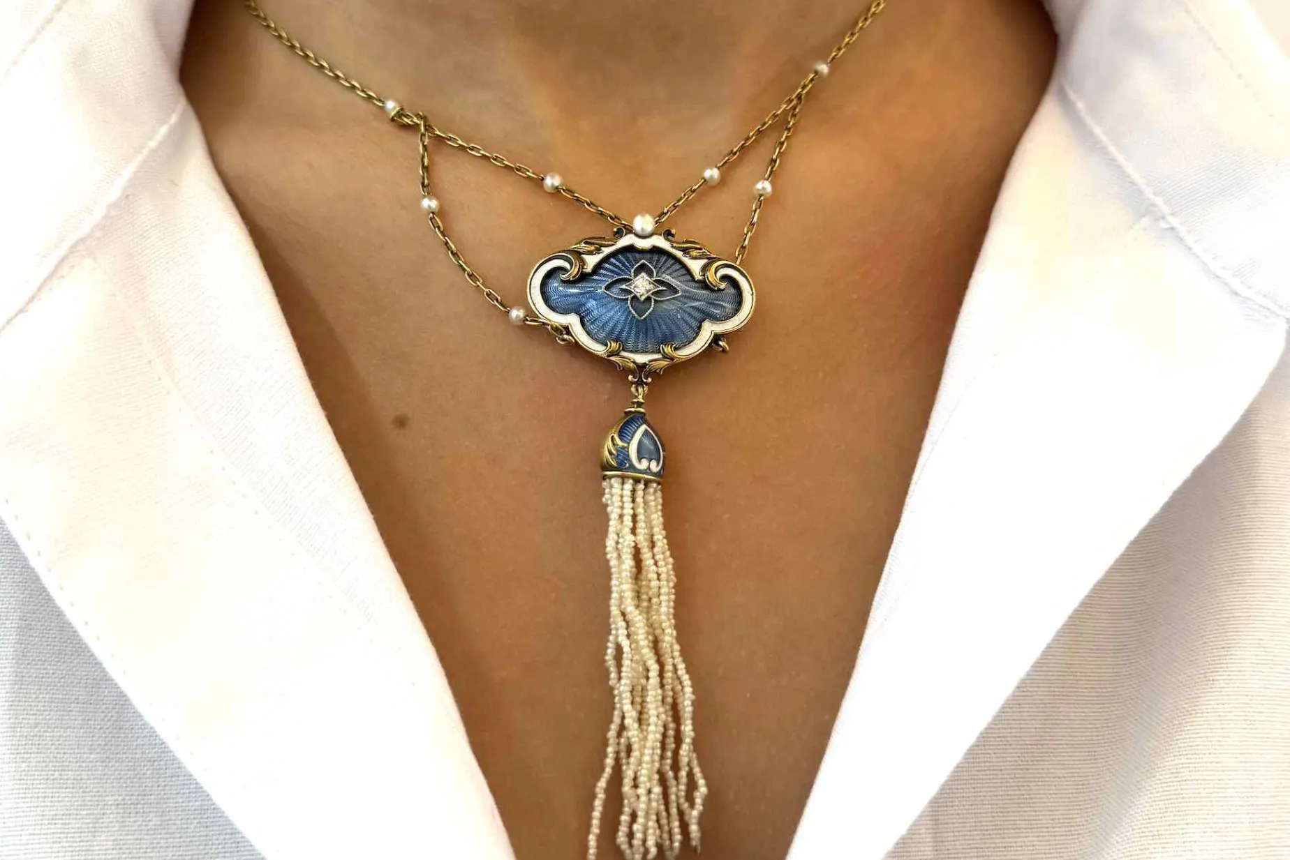 Bottazzi Blondeel Collier ancien 19e perles fines, diamant et émail en or 18k Cheap