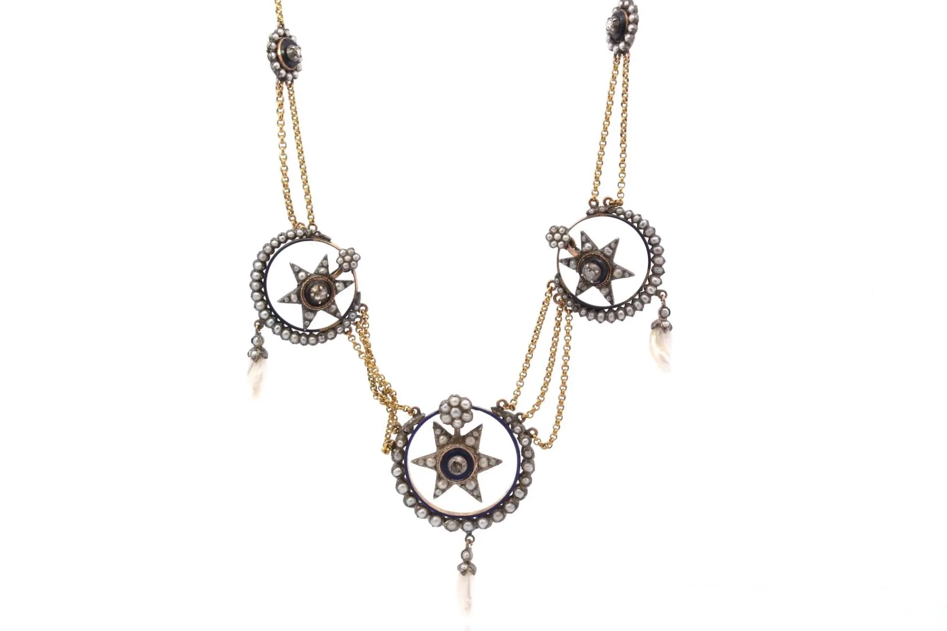 Bottazzi Blondeel Collier ancien 19e perles fines et roses de diamants Outlet