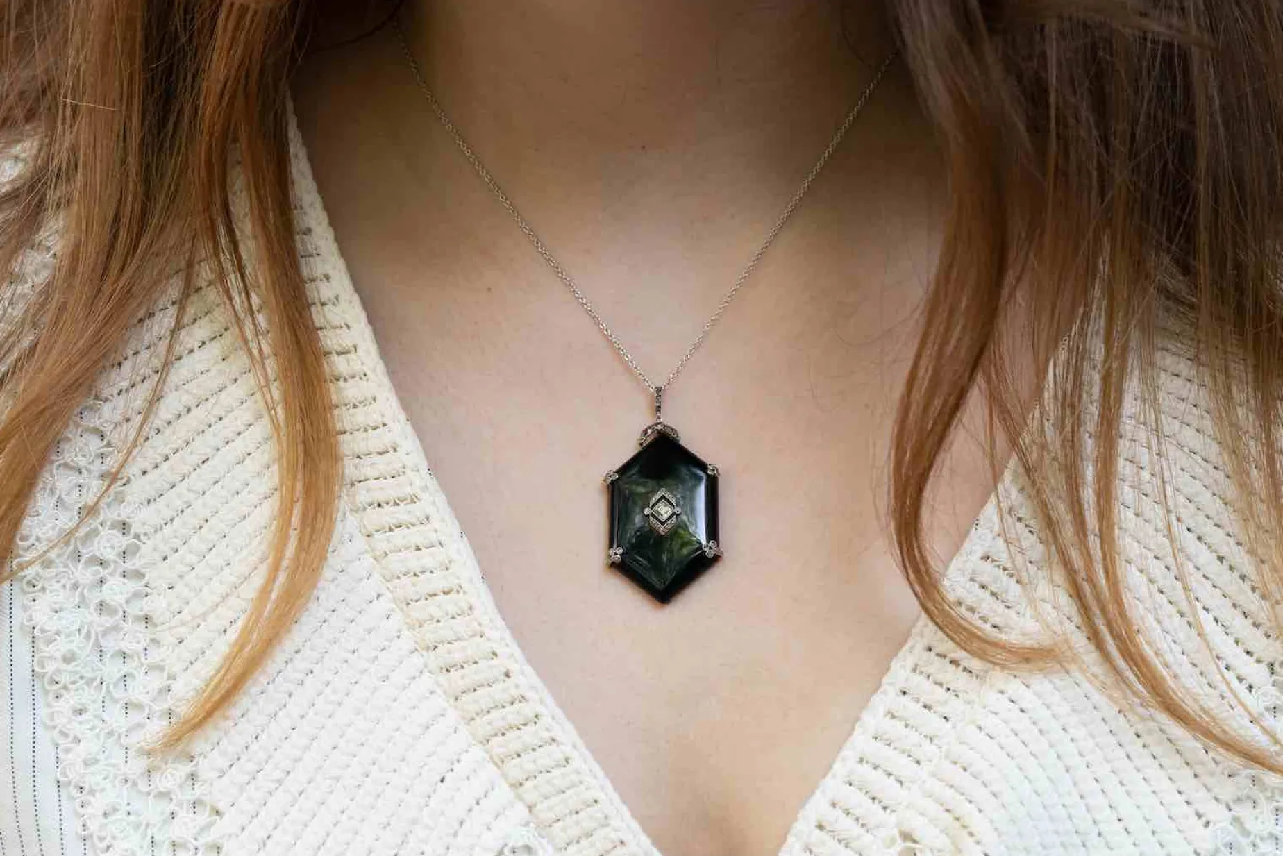 Bottazzi Blondeel Collier pendentif ancien 1920 onyx et diamants Fashion