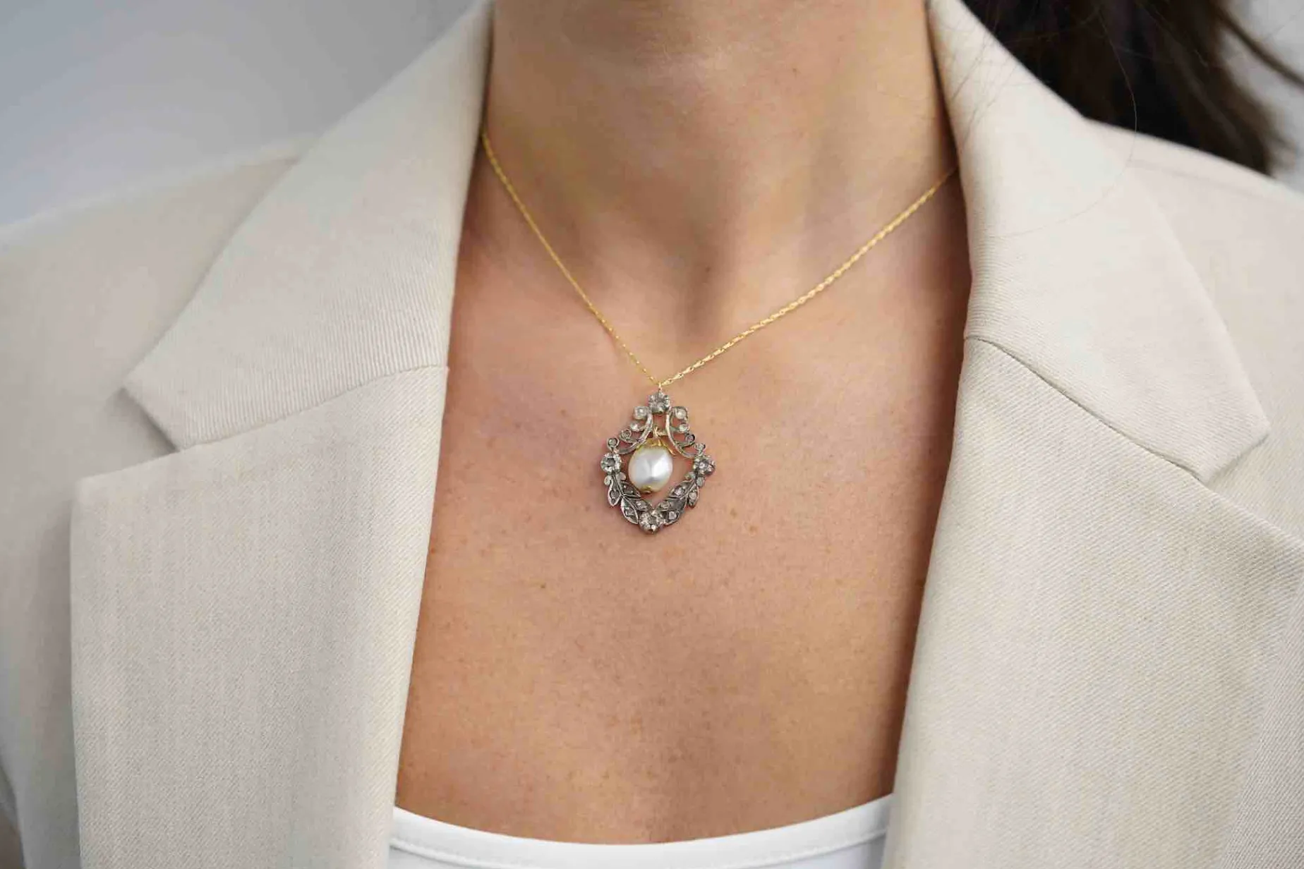 Bottazzi Blondeel Pendentif ancien 19e perle et roses de diamants Discount